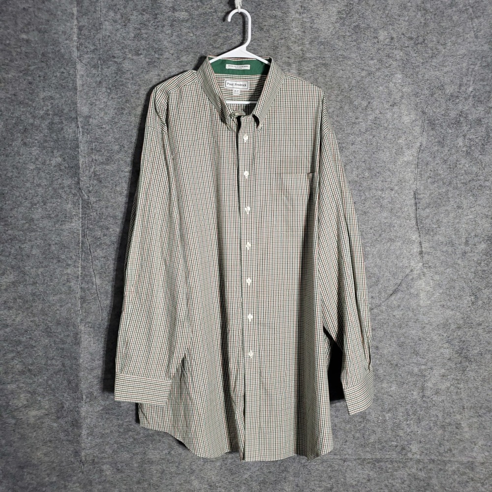 Paul Fredrick Gingham Shirt Mens 20x37 Green Red Non Iron Cotton Button Down Pro